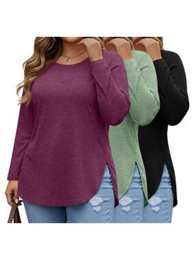 Plus Size Long Sleeve Tunic Tops Round Neck Curved Hem Casual 3 Pack